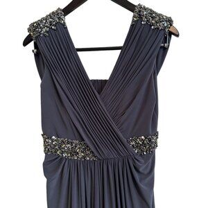 NWT Teri Jon Hand Beaded Jersey Evening Gown Pewter Blue Size 6